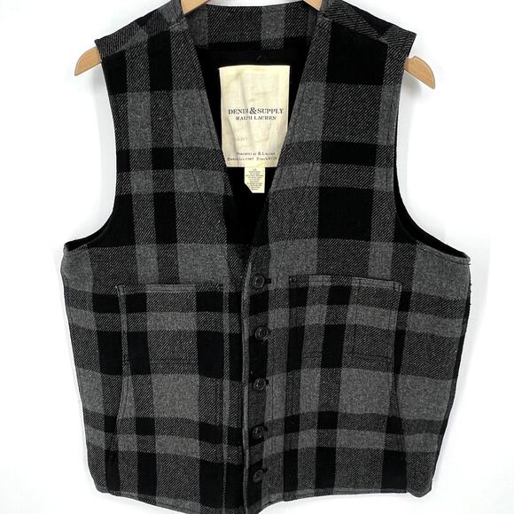 Vintage Ralph Lauren Denim & Supply Black and Gray Plaid Wool Blend Vest Size L - Picture 8 of 8